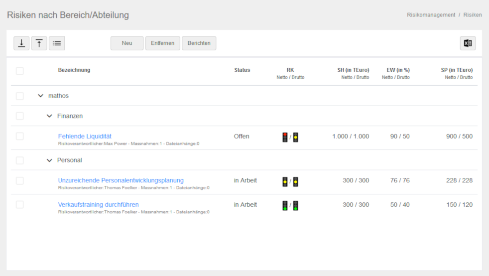 Risikomanagement-Software mathos::risk - Risiken nach Bereich/Abteilung
